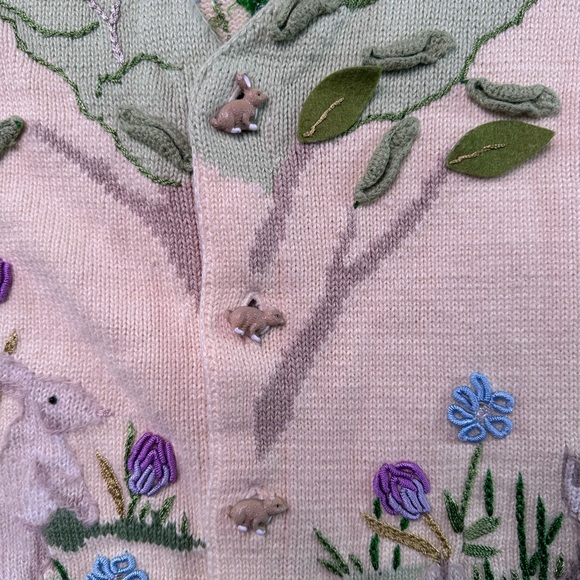 Storybook Knits Cream Cardigan with Green Leaf Appliqué Story Book Knits S - Picture 3 of 14